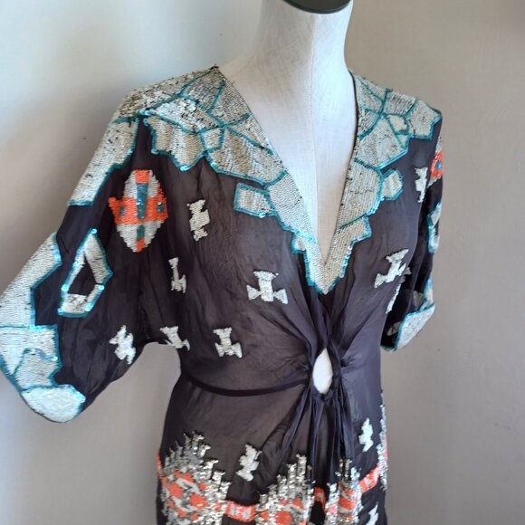 All Saints Tunic Silk Sequined Embellished Aztec Chariot Dress Womens 6 NEW - Picture 4 of 16